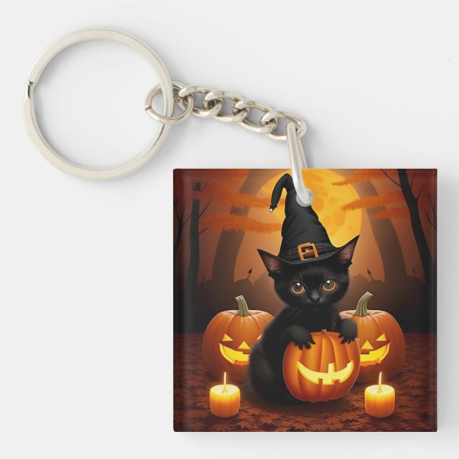 Black Kitten in Witch Hat Amid Halloween Pumpkins Key Ring (Front)