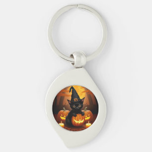 Black Kitten in Witch Hat Amid Halloween Pumpkins Key Ring