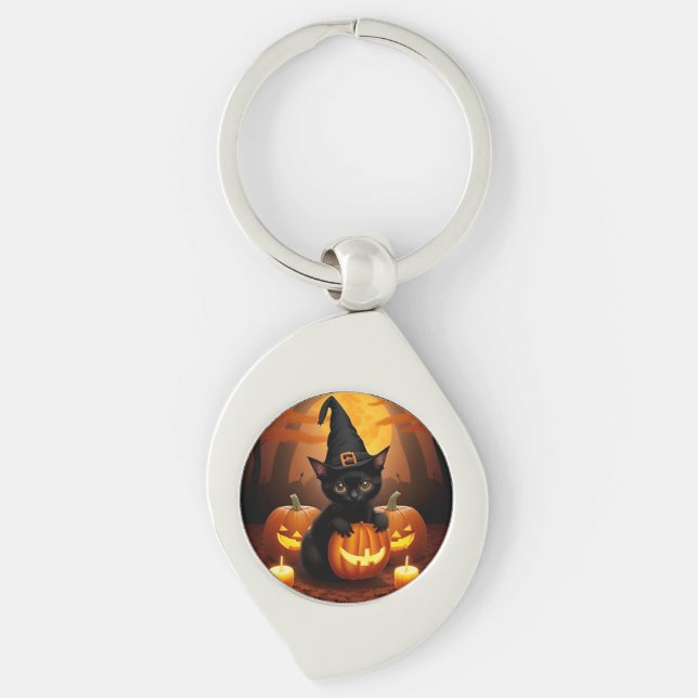 Black Kitten in Witch Hat Amid Halloween Pumpkins Key Ring (Front)