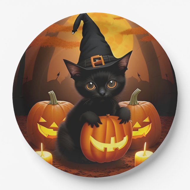 Black Kitten in Witch Hat Amid Halloween Pumpkins Paper Plate (Front)