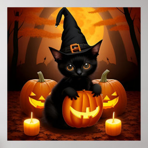 Black Kitten in Witch Hat Amid Halloween Pumpkins Poster