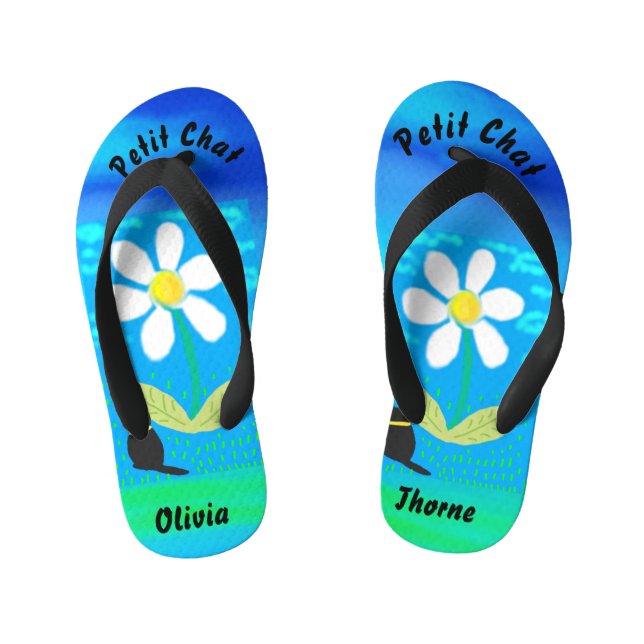 Black kitten in Wonderful Daisy Garden Kid's Flip Flops (Footbed)