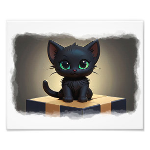Black Kitten on a Box Cartoon Art Photo Print