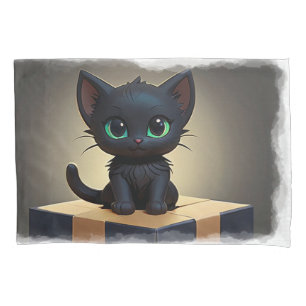 Black Kitten on a Box Cartoon Art Pillowcase