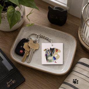 Black Kitten Paint Brush Jar Artist Cat Pink Key Ring