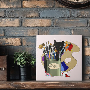 Black Kitten Paint Brush Jar Artist Cat Pink Tile