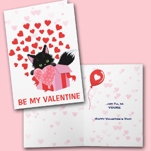 Black Kitten Pink Heart Valentine's Day Holiday Card