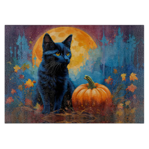 Black Kitten Pumpkin Full Moon Autumn Leaves Cutting Board