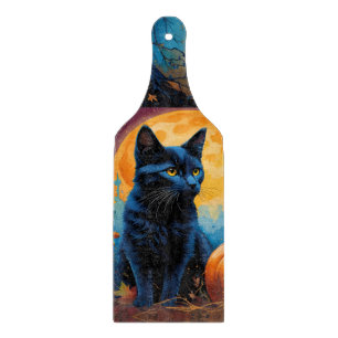 Black Kitten Pumpkin Full Moon Autumn Leaves Cutting Board