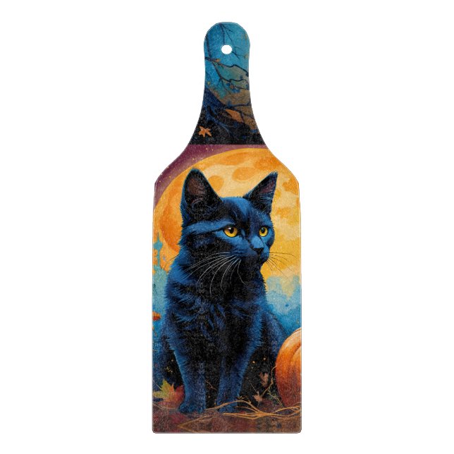 Black Kitten Pumpkin Full Moon Autumn Leaves Cutting Board (Front)