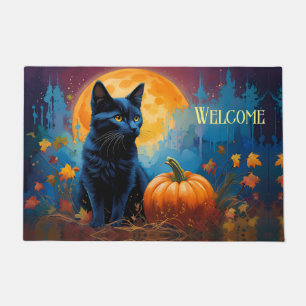 Black Kitten Pumpkin Full Moon Autumn Leaves Doormat