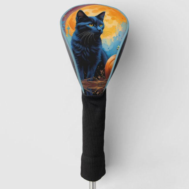 Black Kitten Pumpkin Full Moon Autumn Leaves Golf Head Cover (Front)