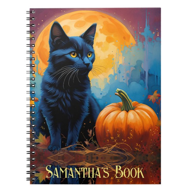 Black Kitten Pumpkin Full Moon Autumn Leaves Notebook (Front)