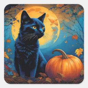 Black Kitten Pumpkin Full Moon Autumn Leaves Square Sticker