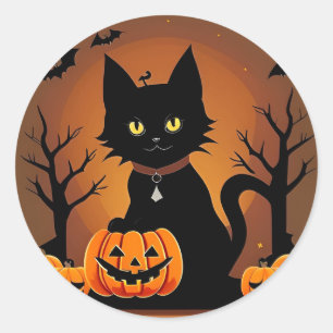 Black Kitten Pumpkin Witch Hat Cute Halloween  Classic Round Sticker