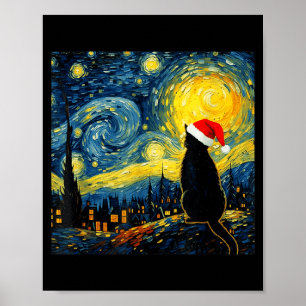 Black Kitten Santa Hat Van Gogh Style Starry Night Poster