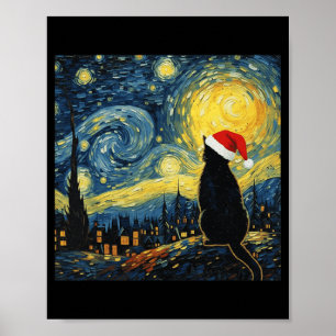 Black Kitten Santa Hat Van Gogh Style Starry Night Poster