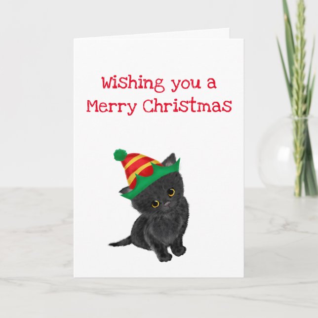 Black kitten wishing you a merry Christmas card (Front)