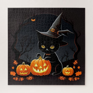 Black Kitten Witch Hat Halloween Pumpkin Jigsaw Puzzle