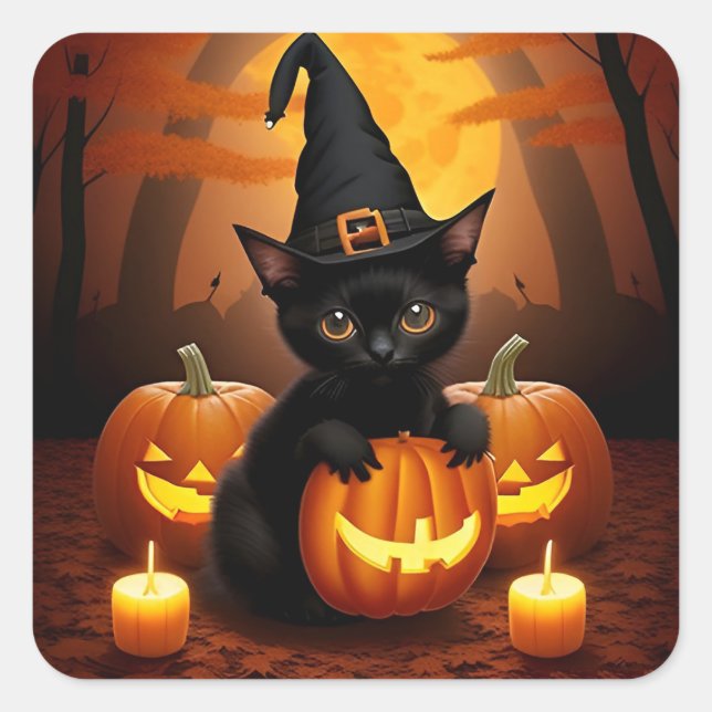 Black Kitten Witch Hat Halloween Pumpkins Cute Cat Square Sticker (Front)