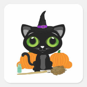Black Kitten Witch Square Sticker