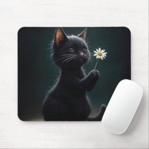 Black Kitten With a White Daisy Mouse Mat