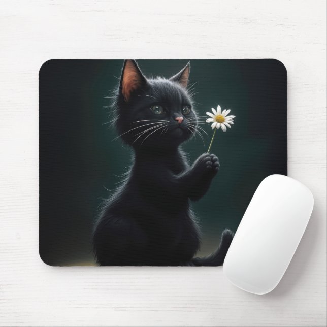 Black Kitten With a White Daisy Mouse Mat (With Mouse)