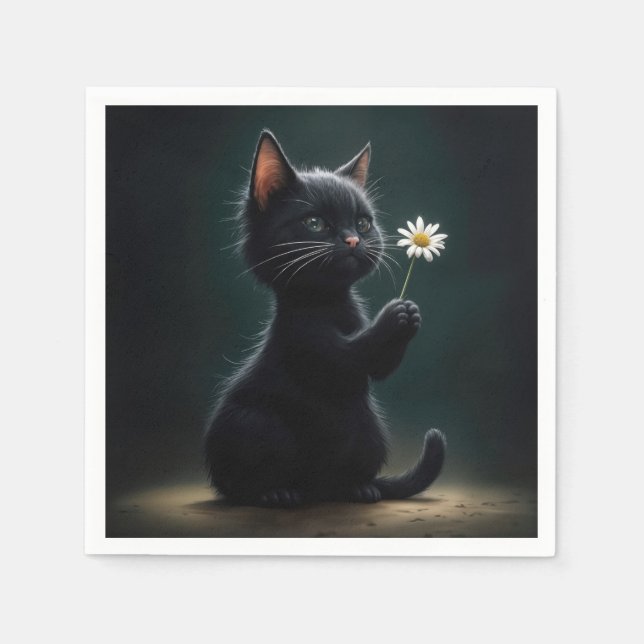 Black Kitten With a White Daisy Napkin (Front)