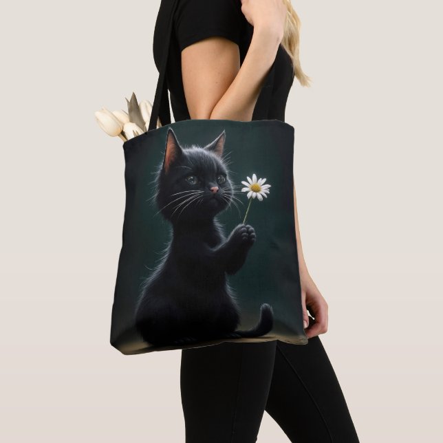 Black Kitten With a White Daisy Tote Bag (Close Up)
