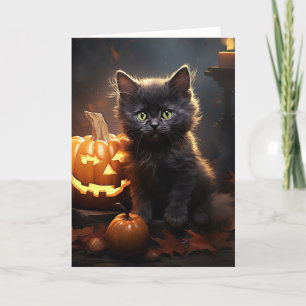 Black Kitten With Pumpkin Halloween  Holiday Card