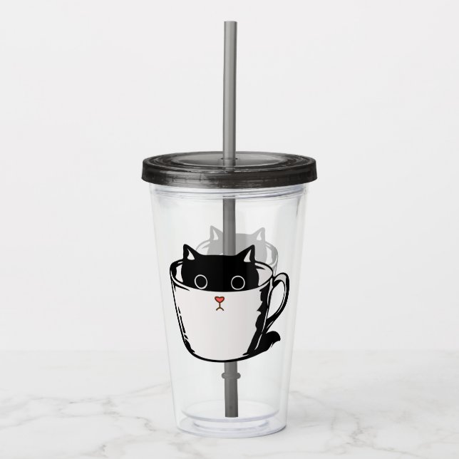 Black kitten with red nose hiding in a cup (Front)