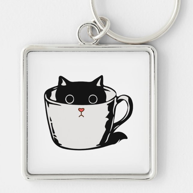 Black kitten with red nose hiding in a cup key ring (Front)