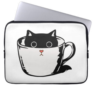 Black kitten with red nose hiding in a cup laptop sleeve