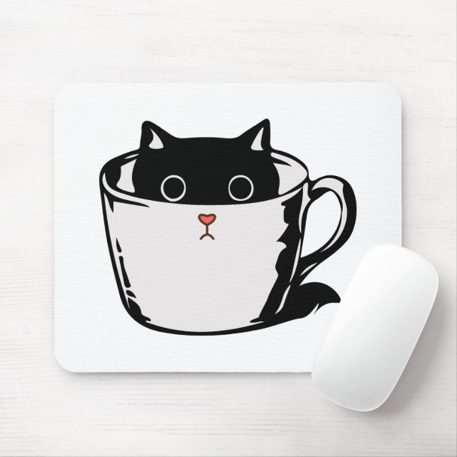 Black kitten with red nose hiding in a cup mouse mat (With Mouse)