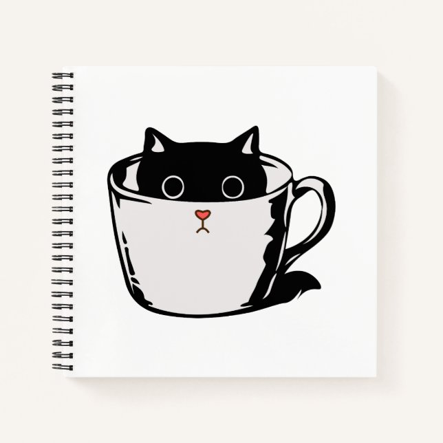 Black kitten with red nose hiding in a cup notebook (Front)