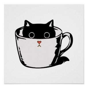 Black kitten with red nose hiding in a cup poster