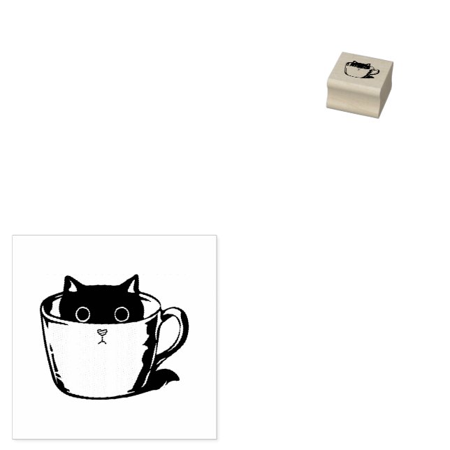 Black kitten with red nose hiding in a cup rubber stamp (Stamped)