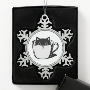Black kitten with red nose hiding in a cup snowflake pewter christmas ornament