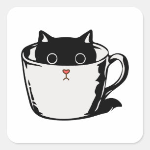 Black kitten with red nose hiding in a cup square sticker