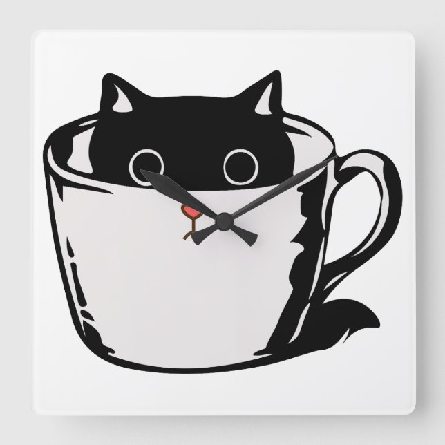 Black kitten with red nose hiding in a cup square wall clock (Front)