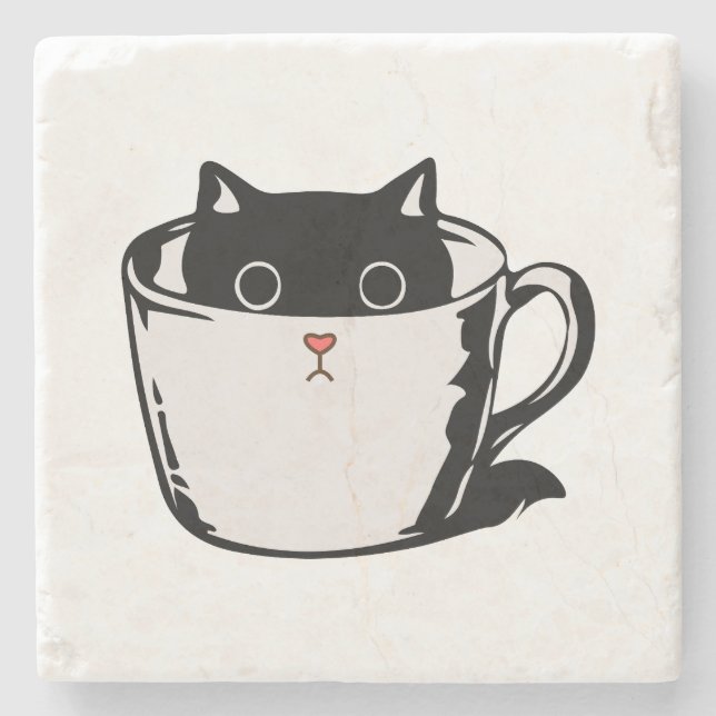 Black kitten with red nose hiding in a cup stone coaster (Front)