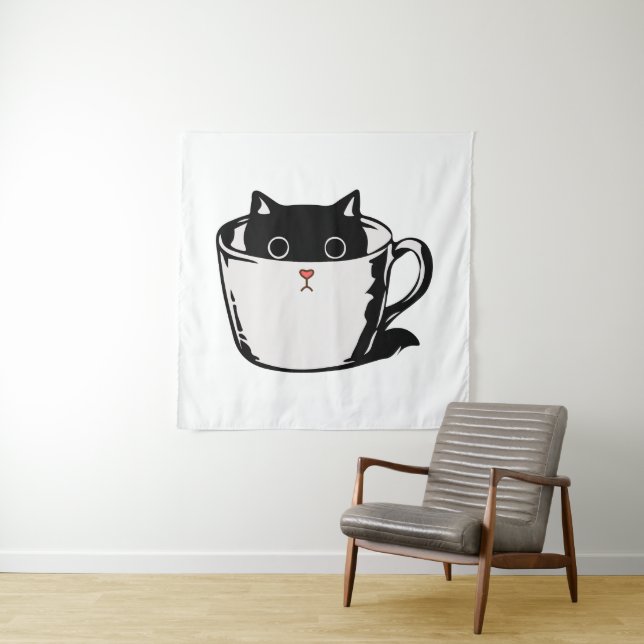 Black kitten with red nose hiding in a cup tapestry (In Situ)