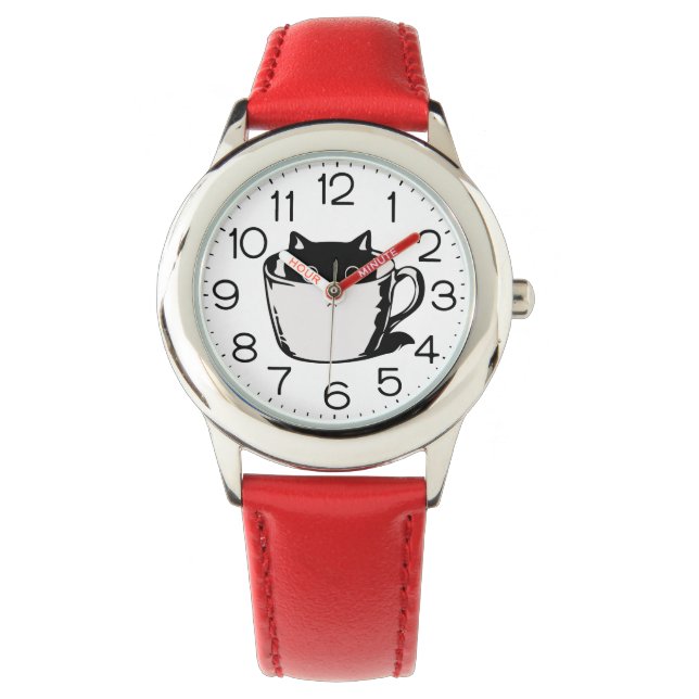 Black kitten with red nose hiding in a cup watch (Front)