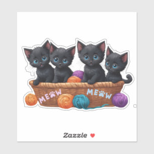 Black Kittens in a Basket with Yarn 