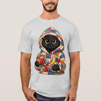 Black kitting in a quilt hoodie T-Shirt