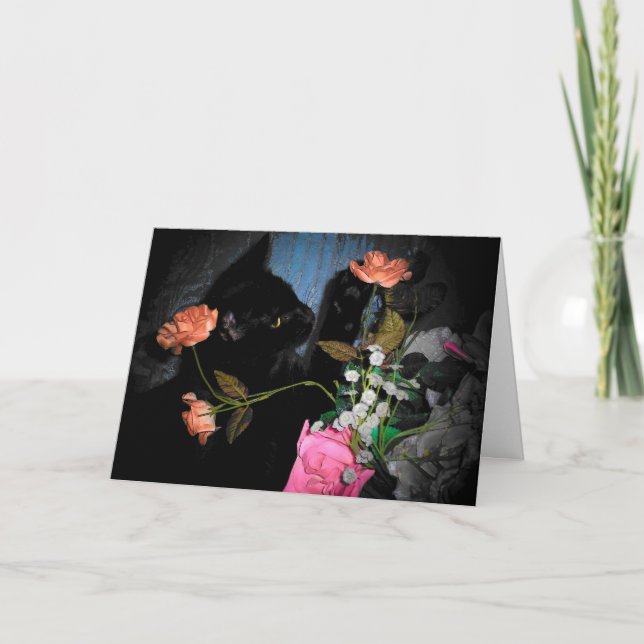 Black Kitty and flowers greeting card (Front)