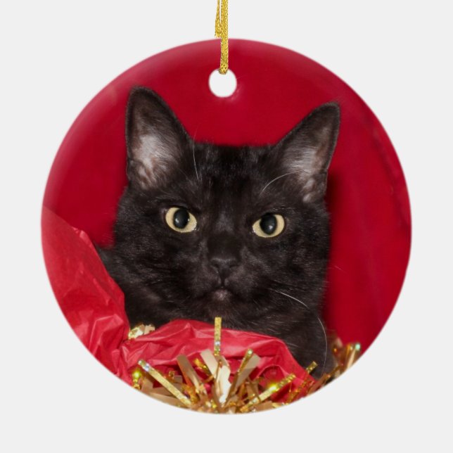 Black kitty cat Christmas Ceramic Tree Decoration (Back)