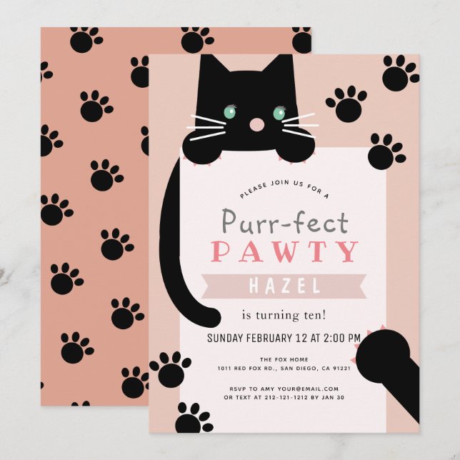 Black Kitty Cat Girl Pink Birthday Invitation (Front/Back)