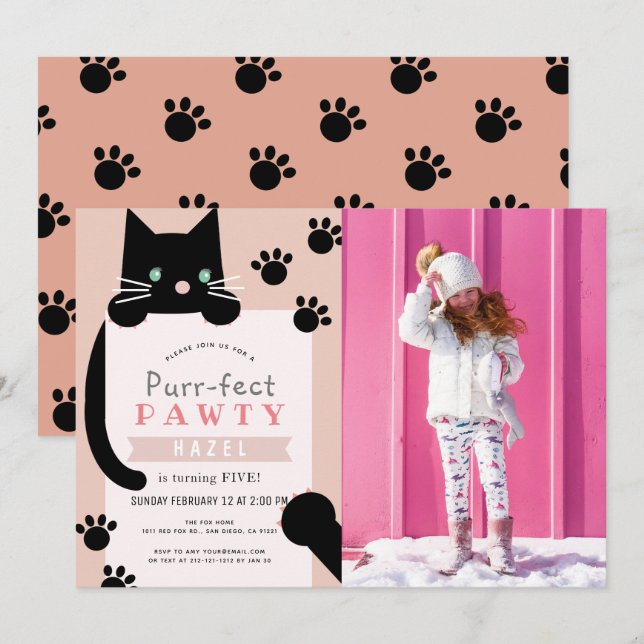 Black Kitty Cat Girl Pink Photo Birthday Invitation (Front/Back)