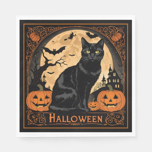 Black Kitty Cat Halloween Napkin (Front)